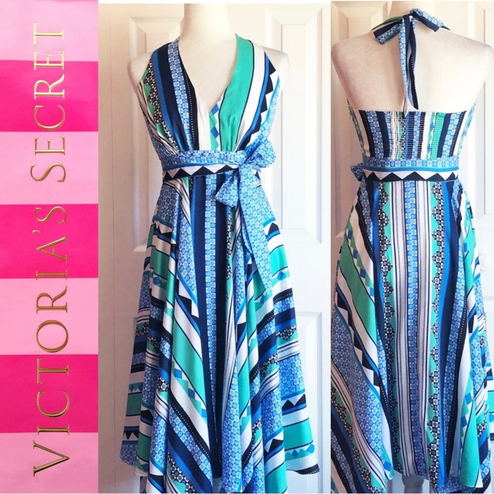 Victoria’s Secret Ocean Blue Green Halter Handkerchief Dress Gown Size 6 Black